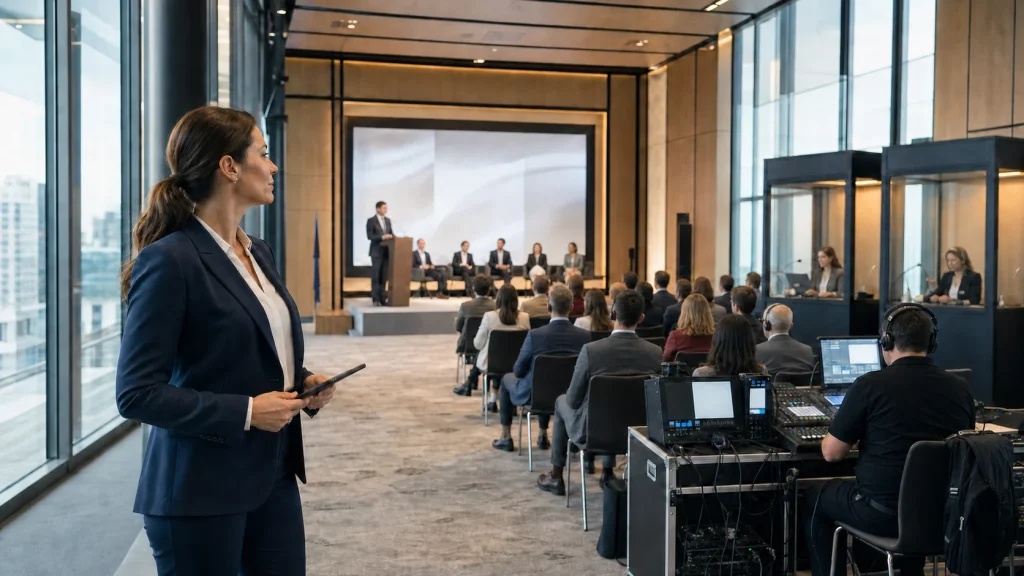 Eveniment corporate internațional cu echipamente tehnice și participanți