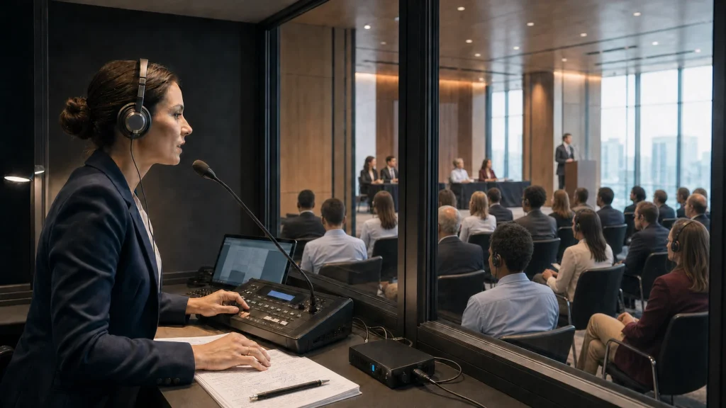 Interpretă într-o cabină la o conferință corporate internațională