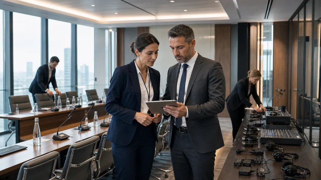 Echipă care coordonează logistica și echipamentele unui eveniment corporate
