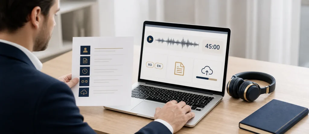 Coordonator care verifică informațiile unui proiect de transcriere audio-video