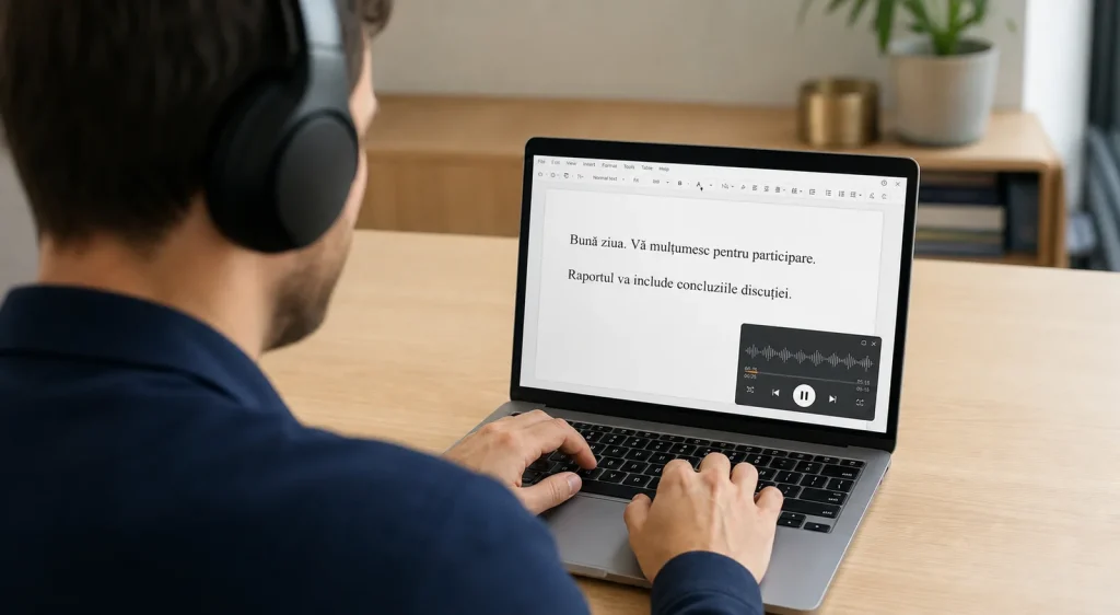Persoană care ascultă o înregistrare și transcrie textul pe laptop